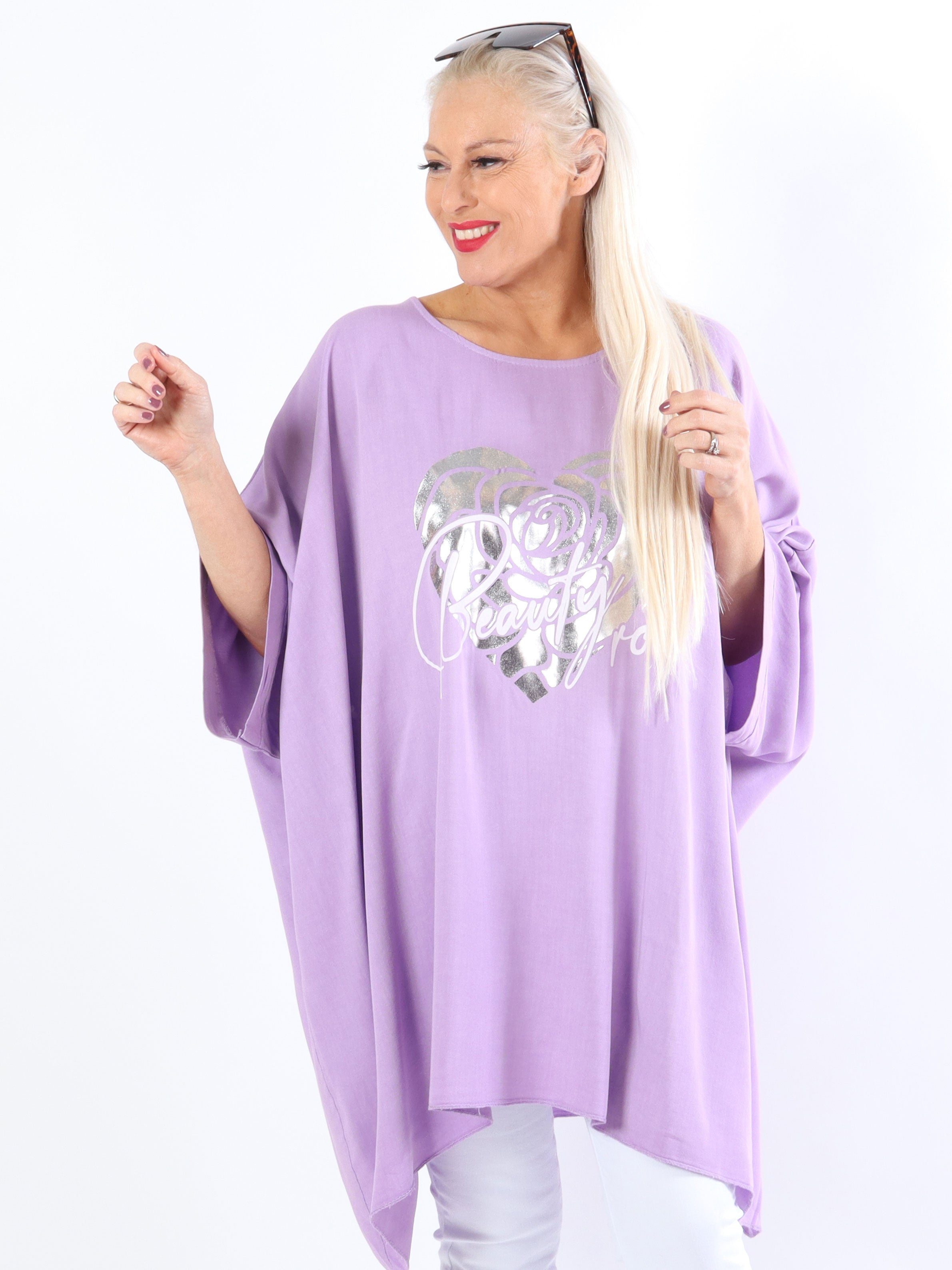 Flavia - Plus size t-shirt med sølv print og flagermusærmer